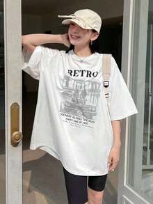 Camiseta casual holgada de verano para mujer con estampado de eslogan, cuello redondo y mangas caídas, RETRO SCENERY ALONG THE WAY HAPPY TIME IN 1990, camiseta oversized, camisetas gráficas - Estilo vintage urbano, unisex, de algodón, manga corta, cuello redondo, ropa deportiva estilo Y2K, cuello redondo, 100% algodón, tejido suave, manga corta. 1 camiseta - Blanco - Ver 6