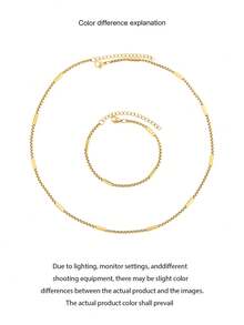 2pcs Stainless Steel Jewelry Set For Women | Minimalist Cuban Link Chain Set Design, Solid Gold Versatile Commuter Style, Ins-Inspired Gold Accessories, Suitable For Women's Daily Commute, Dates, Work, Evening Parties - Necklace + Bracelet - View 5