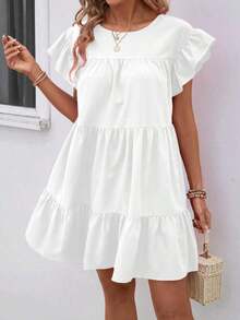 QRHJKa Vestido de Verano para Mujer, Color Sólido, Cuello Redondo, Estilo Babydoll Holgado con Volantes, Traje de Playa para Vacaciones, Vestido Casual Amarillo para Mujer, Vestido de Vacaciones, Ropa de Verano para Mujer - Blanco - Ver 3