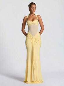 Spring Party Dress In Pink: Thin Straps, Open Back, Fitted Waist And High Slit With Mesh Details – Ideal For Holidays - 黃色 - 查看 9