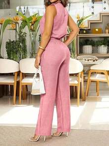 2 piezas de chaleco sin mangas y pantalones largos casuales para mujer con bolsillos en diagonal y detalles de botones, elegante para el verano - Rosa Pálido - Ver 2