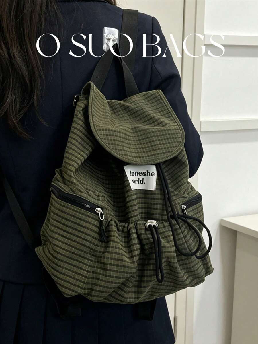 Large Capacity Fashionable Plaid Multi-Pocket Nylon Casual Backpack, Waterproof Lightweight Foldable Drawstring Patch Letter Travel Bag, Summer