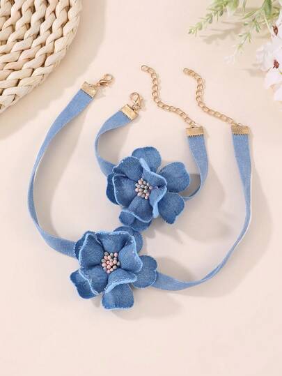 NAIZHU 2pcs/Set Fashion Girl Denim & Faux Flower Necklace Bracelet Jewelry Set, Suitable For Daily, Party, Vacation