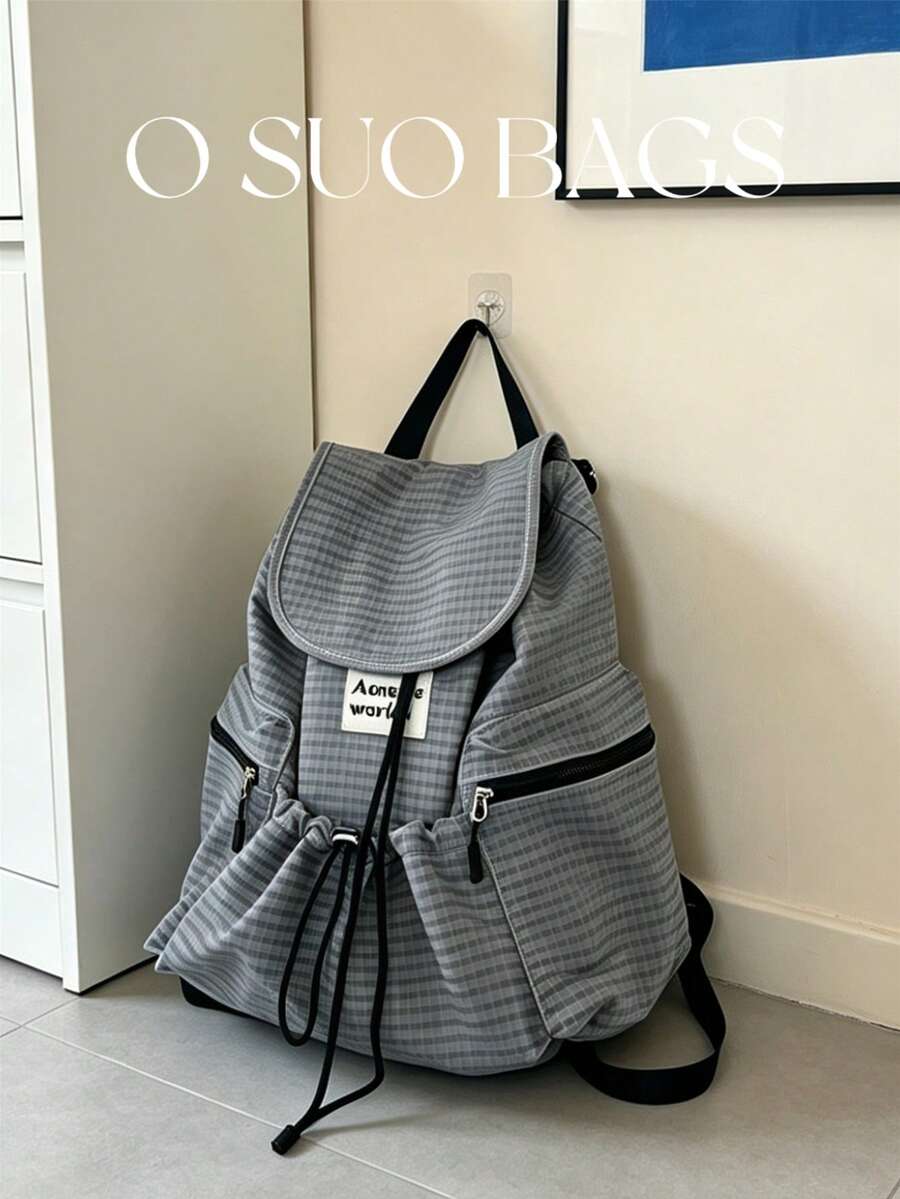 Large Capacity Fashionable Plaid Multi-Pocket Nylon Casual Backpack, Waterproof Lightweight Foldable Drawstring Patch Letter Travel Bag, Summer