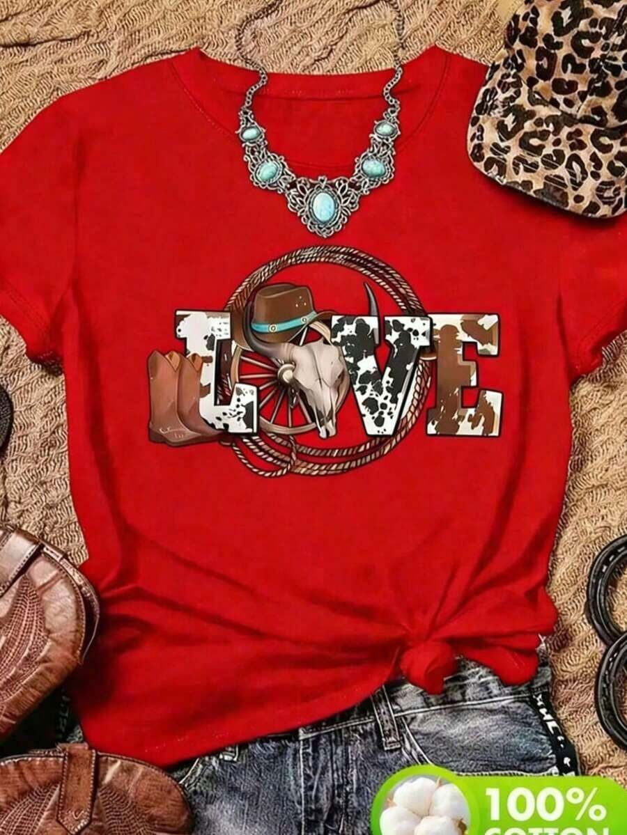 1 Piece Of Women's Casual Denim T-Shirt, Oversized Style, With LOVE Word Print And Western Elements, Soft Fabric, Loose Fit, Round Neck, Short Sleeves, Ideal For Outdoor Parties In Spring/Summer, Vintage Style. - 紅色 - 查看 1