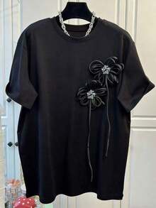 Women's Casual Black Loose Fit T-Shirt With Slogan By Chaos Coordinator - 黑色 2 - 查看 5