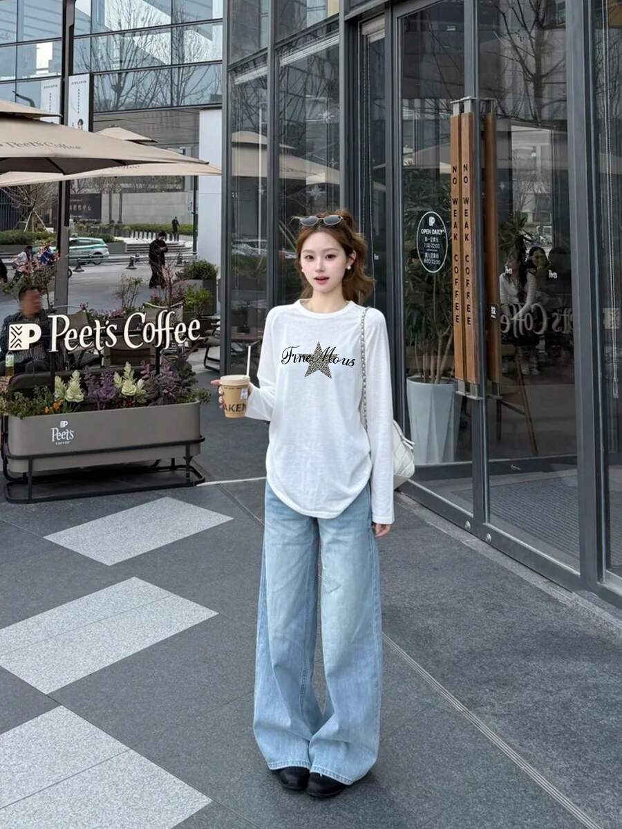 星形字母印花休闲长袖T恤，宽松百搭女式街头风上衣 白色 春季 - 白色 - 查看 1