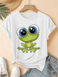 Retro Short-Sleeved T-Shirt With Big-Eyed Frog Print, Cool Forest Style, Loose Fit, Fashionable T-Shirt, Elegant For Spring And Summer Parties, Versatile Women's Clothing, Blouses For Ladies. - 白色 - 查看 1