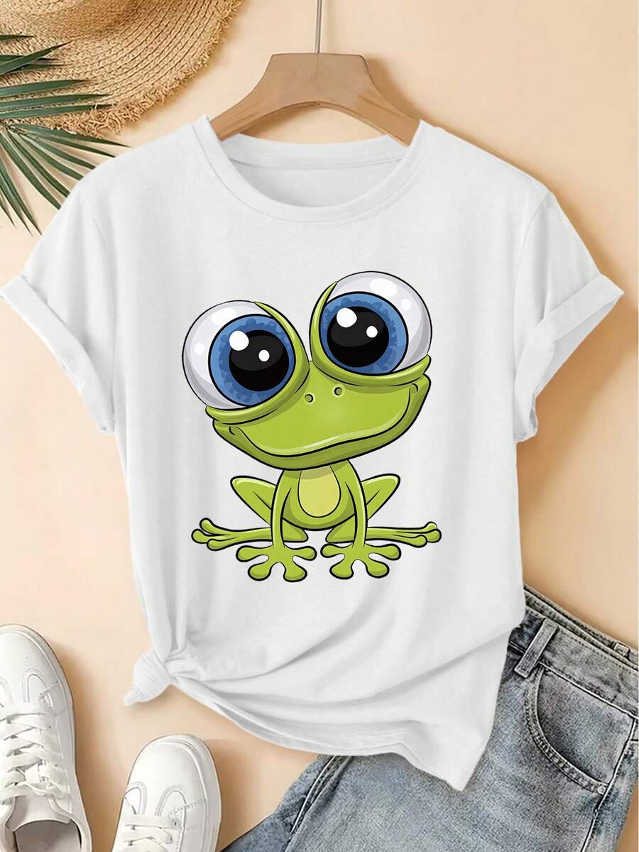 Retro Short-Sleeved T-Shirt With Big-Eyed Frog Print, Cool Forest Style, Loose Fit, Fashionable T-Shirt, Elegant For Spring And Summer Parties, Versatile Women's Clothing, Blouses For Ladies. - 白色 - 查看 1