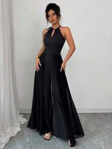 Mono elegante de mujer con cuello en V, cintura ajustable, sin mangas, de gasa con parches, y bajo translúcido - Negro - Ver 6