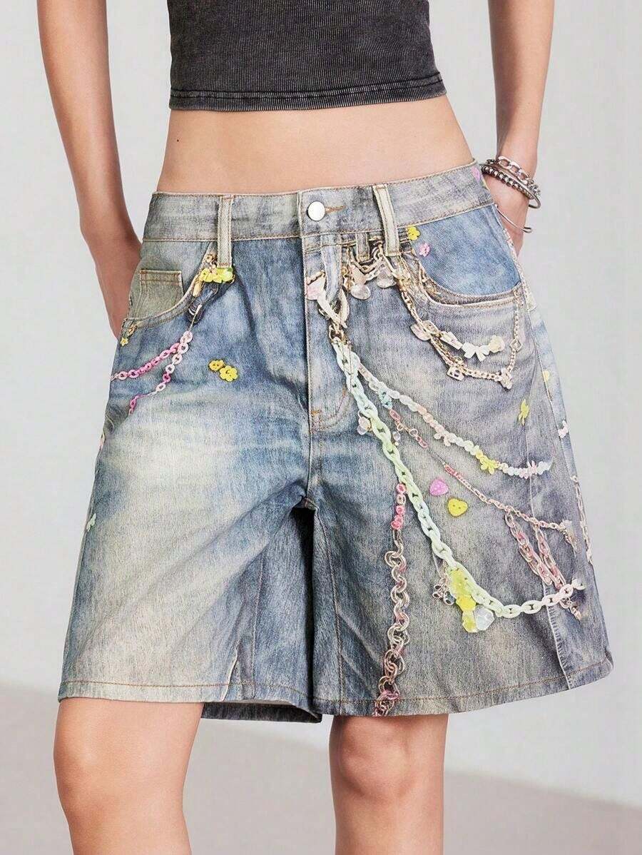 Women's Summer Casual Washed Chain Printed Loose Denim Shorts - Azul - Ver 1