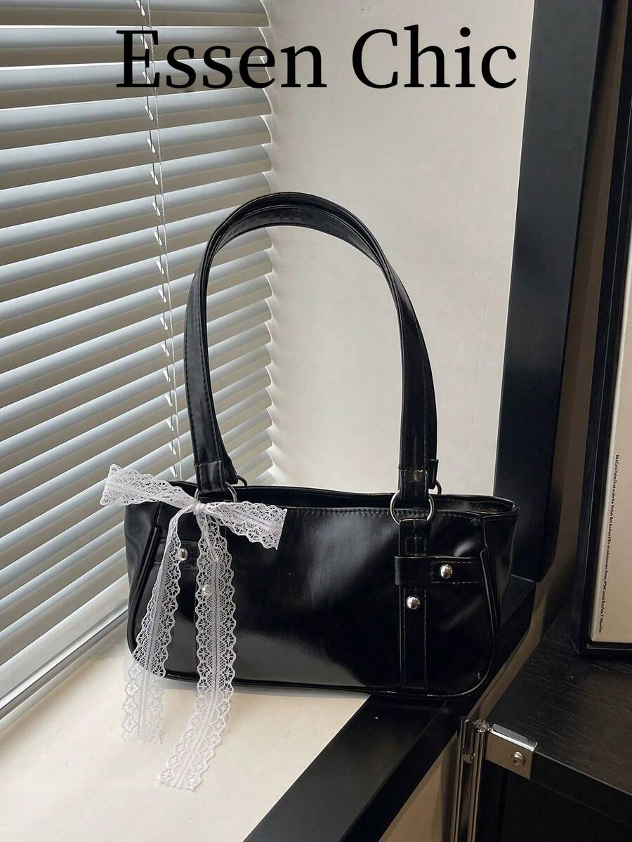 1个黑色金属铆钉装饰纯色PU法棍包,女士单肩包,冬季新品 - 黑色 - 查看 1