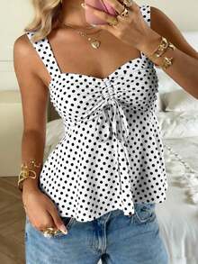 Nueva Colección Primavera/Verano 2026 para Mujer: Blusa/Top sin Mangas con Volantes y Cordón Ajustable, Estampado de Lunares Marrones, Estilo Casual y Versátil, Top de Verano - Blanco - Ver 7