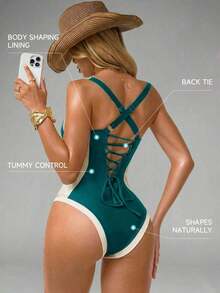 Traje de baño de una pieza con control de abdomen, con abertura lateral, push-up y efecto estilizante, en marrón y beige para mujer - Agua verde azul - Ver 2