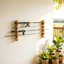 Horizontal Fishing Rod Rack - Wooden Floating Wall Shelf & Storage Organizer - Deluxe Vintage-Style Carbonized Solid Wood Wall-Mounted/Ceiling-Mounted Rod Storage Rack - Holds 5 Fishing Rods - Multicolor - View 2