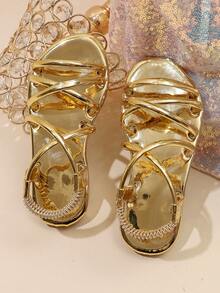 Children's Elastic Ankle Strap Flat Sandals, Open Toe Gladiator Style Summer Casual Sandals Suitable For Girls - Gold - View 6