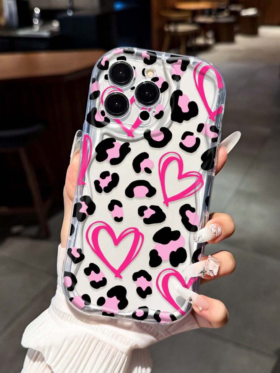 可爱甜美的豹纹爱心设计手机壳，兼容 17、16 Pro Max、14、13、12、11 Pro Max、XS Max、X、XR、8、7、Plus、Mini，适合作为生日礼物送给女朋友、男朋友或自用。 - 彩色 - 查看 1