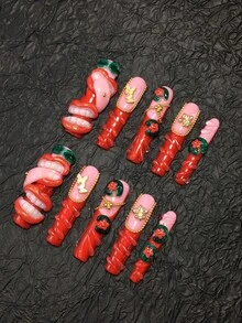 10 Pieces 5.5cm Handmade Coffin Shaped False Nails, Paired With Rhinestones, Lips, Water Droplets, And Butterfly Decorations, Designed For Women And Girls To Wear On Valentine's Day, Parties, Holidays, And Daily Wear. - Multicolor - View 4