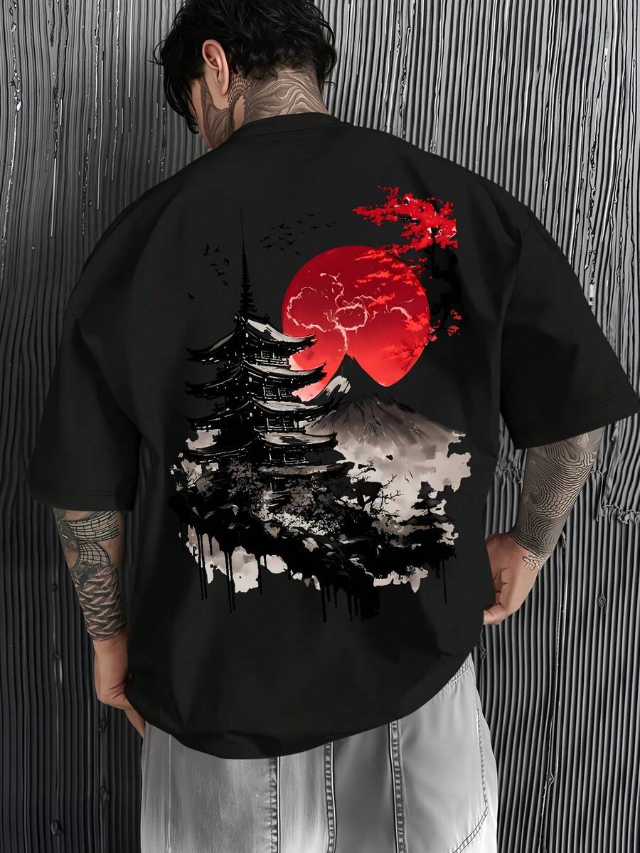 Men's Casual Short-Sleeved T-Shirt With Japanese Inspiration... - 黑色 - 查看 1