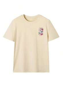 Camiseta de manga corta beige con cuello redondo, estampado floral y de letras, estilo casual, holgada y versátil para mujer, ideal para el verano y el uso diario, color blanco. - Albaricoque - Ver 3