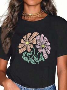 Playera de mujer 100% algodón manga corta con estampado de flores chic para verano - Negro - Ver 6
