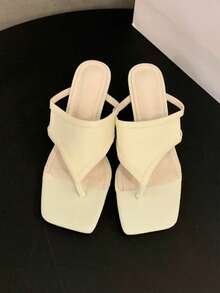 2026 New French Elegant Square Toe Wedge Sandals, Silver High Heel Thong Slippers For Summer - White - View 7