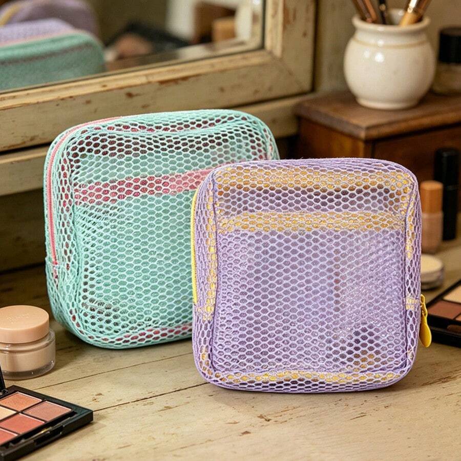 1/2pcs Portable Mesh Cosmetic Bag, Mini Travel Toiletry Pouch, Women Makeup Organizer Bag - View 1