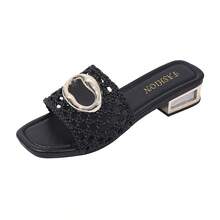 Women's Metallic Glamorous Style Rhinestone Criss-Cross Strap Slide Sandals, Suitable For Party, Holiday, Wedding, Outdoor Wear In Spring/Summer, Square Toe, Low Heel, Slip-On, Open Toe, Shiny - Black 2 - View 16