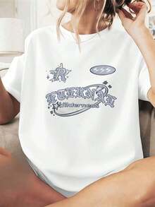1 pieza de camiseta casual para mujer con estampado gráfico atemporal, primavera, tela premium, cuello redondo, corte holgado, cómoda, estilo urbano hip hop. 180g 100% algodón. - Blanco - Ver 1