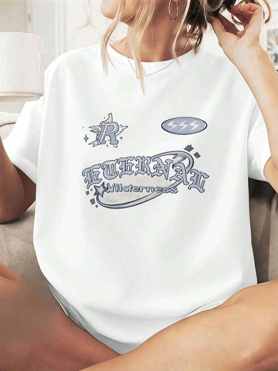 1 pieza de camiseta casual para mujer con estampado gráfico atemporal, primavera, tela premium, cuello redondo, corte holgado, cómoda, estilo urbano hip hop. 180g 100% algodón. - Blanco - Ver 1