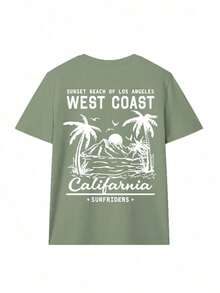 Women's Short-Sleeved T-Shirt With A Round Neck, Casual, Minimalist, And Versatile Style, Featuring A Palm Tree Print And Slogan, Suitable For Everyday Wear. Printed T-Shirt, Vacation. Summer - 綠色 - 查看 3