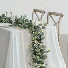 Artificial Eucalyptus Wreath, White Flowers, Silver Dollar Eucalyptus Wreath With White Baby's Breath, Artificial Green Vines, Suitable For Weddings, Parties, Fireplace Mantles, Table Runners, Home Decor, Office Decor, Summer Decor - Green - View 7