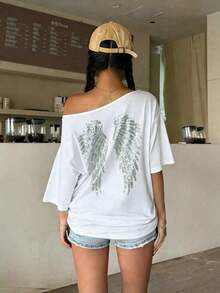 Camiseta holgada con hombros asimétricos y alas de ángel bordadas con lentejuelas, estilo gráfico Y2K oversize para mujer, casual y blanca para verano - Blanco - Ver 3