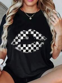 Camiseta clásica de manga corta para mujer, corte holgado y casual - Estampado geométrico de labios, patrón de rombos a cuadros, cuello redondo 100% algodón, camisa de textura suave y a la moda para primavera y verano. Éxito de . - Negro - Ver 7