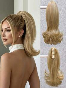 Women's Straight Hair Ponytail Clip, High-Temperature Fiber Natural Straight Hair Ponytail, Suitable For Girls, Gold Color - 亞麻金 - 查看 9