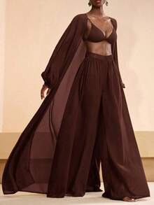 Conjunto de bata y pantalones de pierna ancha de unicolor para mujer, conjunto informal de cubrecuerpo para resort - Marrón - Ver 6