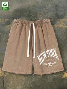 Men's Vintage Bronx New York Print Shorts - Loose Fit Washed Cotton Streetwear, Adjustable Elastic Waistband, Bronx Print Casual Sports Shorts, Machine Washable Urban Outfit - Vintage Street Style Unisex Loose Cotton Short Sleeve Crew Neck T-Shirt - 深 - 查看 9