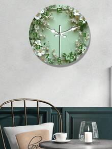 10-Inch/12-Inch Silent Wall Clock With Wreath Design - Light Green Wooden Surface, White Flowers And Green Leaves - Elegant European Round Clock Suitable For Living Room Or Study - Battery Not Included - Multicolor - View 1