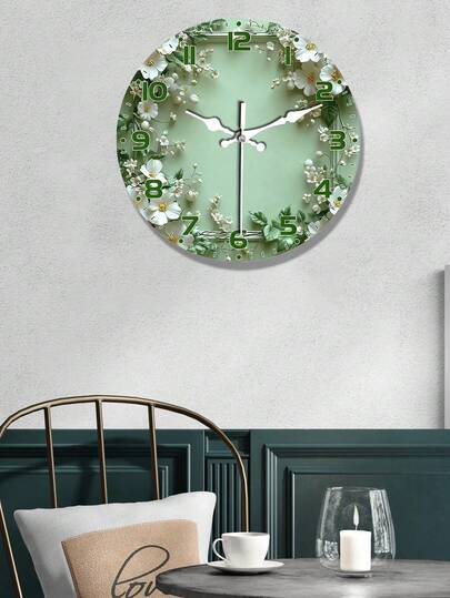 Ceas de perete silențios de 25 cm/30 cm cu design de coroană - suprafață din lemn verde deschis, flori albe și frunze verzi - ceas rotund european elegant, potrivit pentru sufragerie sau birou - baterie neinclusă