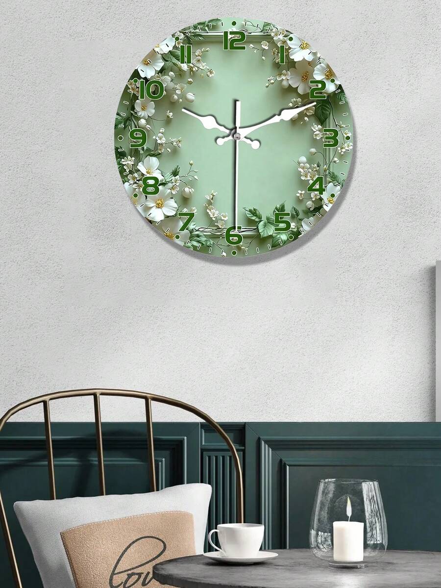 10-Inch/12-Inch Silent Wall Clock With Wreath Design - Light Green Wooden Surface, White Flowers And Green Leaves - Elegant European Round Clock Suitable For Living Room Or Study - Battery Not Included - Multicolor - View 1
