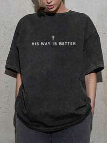 s Mejor', Acabado Vintage Desgastado, Estampado Minimalista de Cruz y Letras, Cuello Redondo, Manga Corta, Casual, para Hombre, Uso Diario en Iglesia, Regalo para Amigos y Familiares, Pascua - Negro - Ver 2