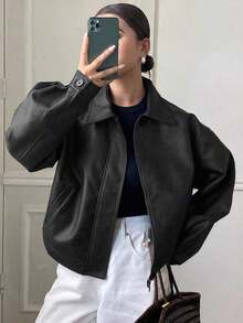 Chaqueta regular de mujer de PU gruesa, suelta y casual, nueva para otoño/invierno - Negro 3 - Ver 7
