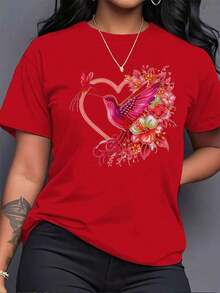 Camiseta Casual de Manga Corta y Cuello Redondo para Mujer - Estampado de Colibrí Brillante y Flores, Tejido Transpirable de Elasticidad Media, Lavable a Máquina, Adecuada para Primavera, Verano y Clima Transicional, Cómoda para Uso en Todas las Estaciones, Camiseta Estampada Duradera, Camisetas Casuales Unisex Cómodas y Bien Ajustadas - Rojo - Ver 1