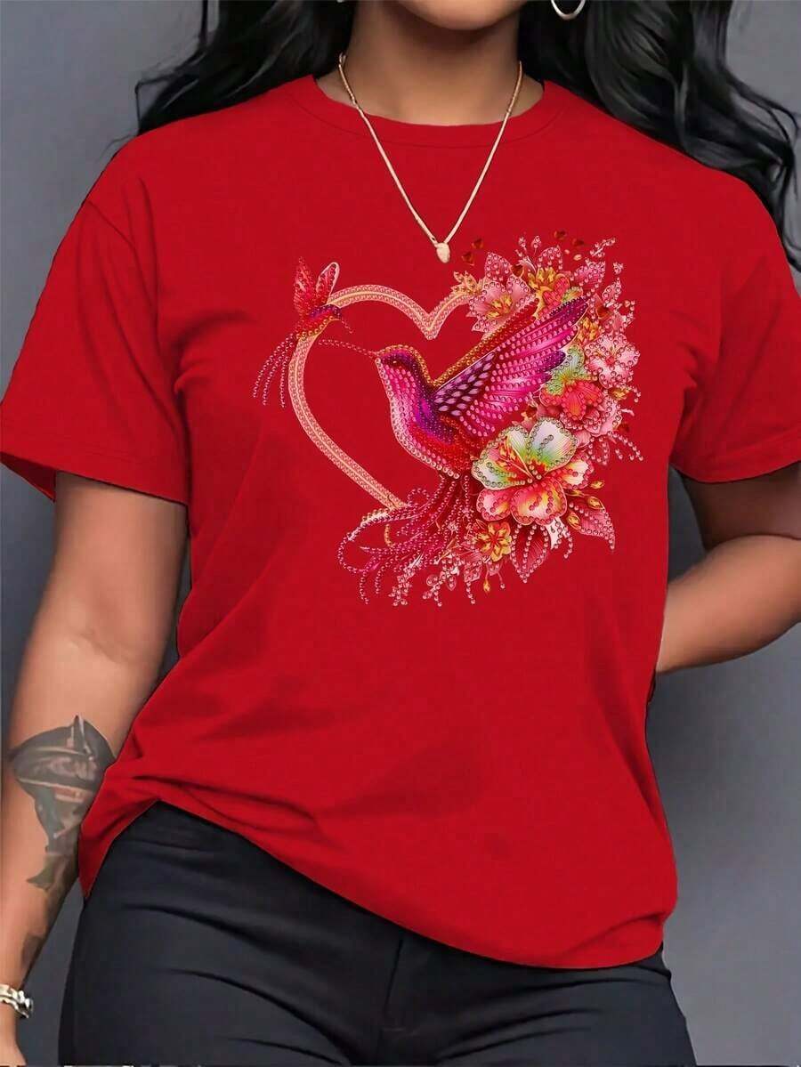 Camiseta Casual de Manga Corta y Cuello Redondo para Mujer - Estampado de Colibrí Brillante y Flores, Tejido Transpirable de Elasticidad Media, Lavable a Máquina, Adecuada para Primavera, Verano y Clima Transicional, Cómoda para Uso en Todas las Estaciones, Camiseta Estampada Duradera, Camisetas Casuales Unisex Cómodas y Bien Ajustadas - Rojo - Ver 1