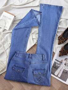 Jeans de talle alto con vuelo de unicolor simple para uso casual y de oficina de las mujeres - Azul 3 - Ver 1