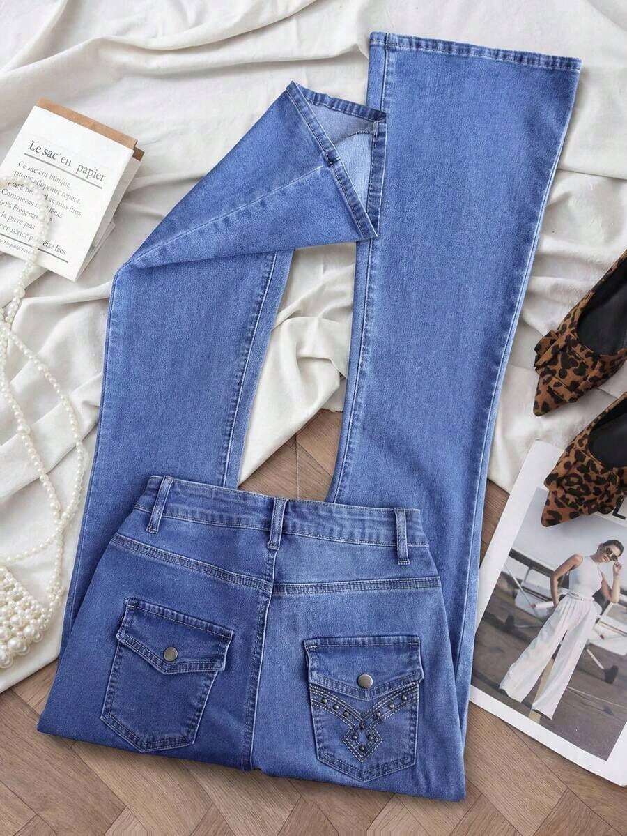 Jeans de talle alto con vuelo de unicolor simple para uso casual y de oficina de las mujeres - Azul 3 - Ver 1