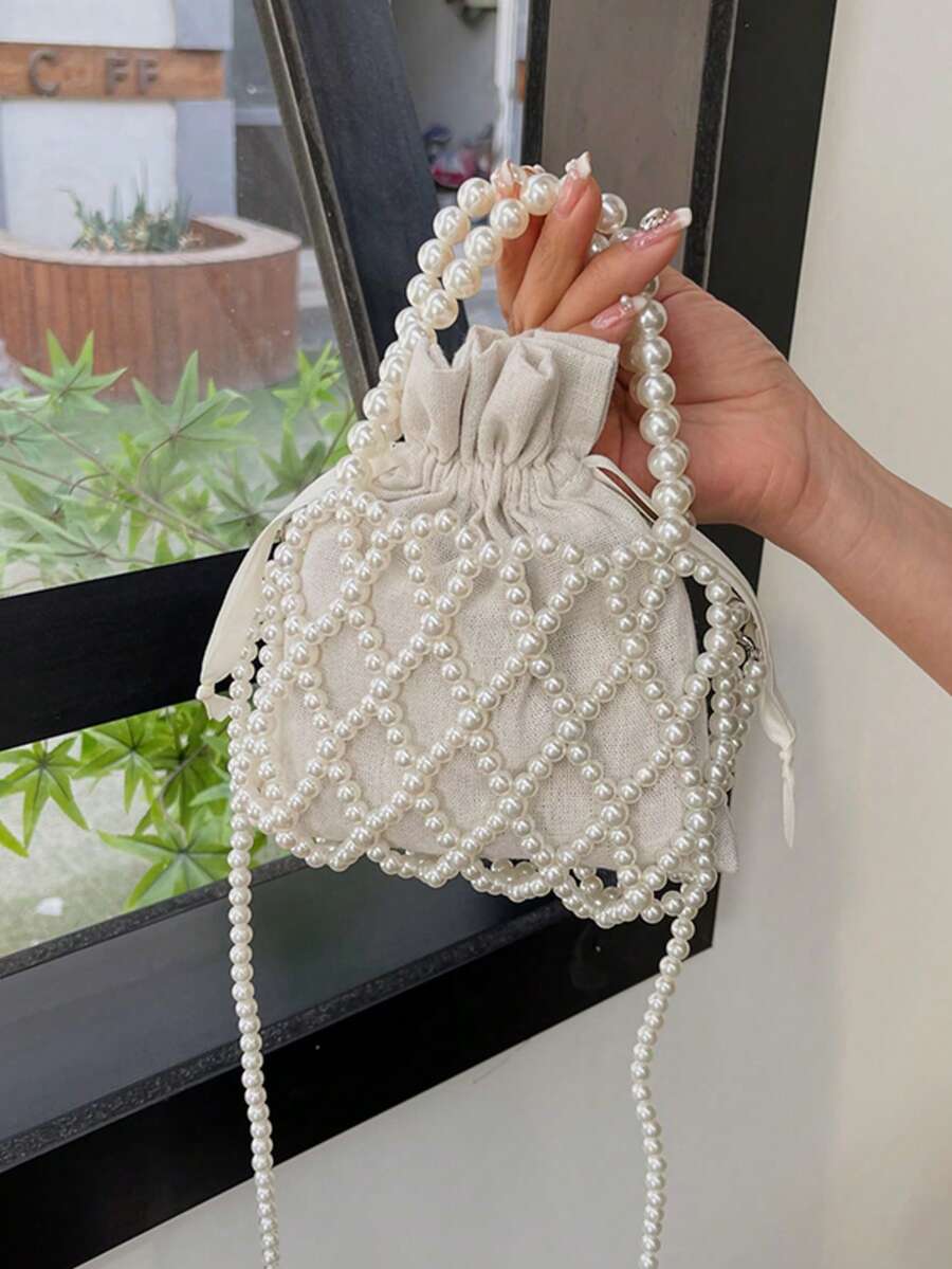 Women's Beaded Mesh Handbag, Fashion Vacation Crossbody Bag - White - View 1