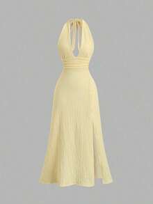 Solid Color Bodycon Dress With Deep V-Neck, Open Back And Sensual Side Slit - Yellow - View 2