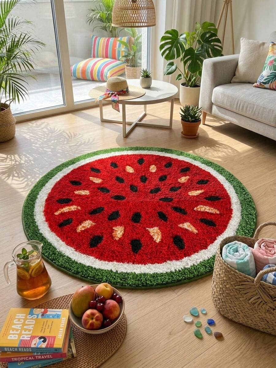1pc Round Watermelon Fruit Pattern Doormat, Suitable For Bathroom And Living Room Decor, Fun Design, Bathroom Mat, Bathroom Rug, Doormat, Small Rug, Carpet, Mat, Home Decor, Area Rug, Outdoor Mat, Home Decor, Area Carpet, Bedroom Carpet, Washable Rug