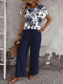 Set de 2 piezas con top de manga corta y pantalón de pierna ancha con estampado geométrico para mujer - Multicolor 8 - Ver 8